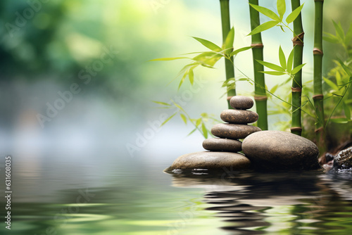 States of mind  meditation  feng shui  relaxation  nature  zen concept. Bamboo  rocks and water background with copy space. Nature illuminated with sunlight. Generative AI