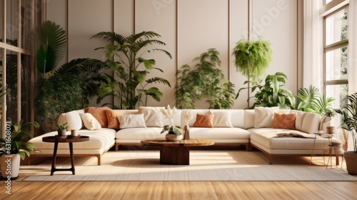 Cozy elegant boho style living room interior in natural colors. Comfortable corner couch with cushions, many houseplants, wooden coffee table, rug on wooden floor, home decor. 3D rendering.