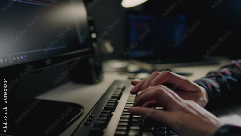 Programming and writing code, A girl is sitting at a table working on a laptop PC, The computer keyboard is a girl's hands writing a code by pressing buttons, Remote work at home remote work Programming and writing code, A girl is sitting at a table working on a laptop PC, The computer keyboard is a girl's hands writing a code by pressing buttons, Remote work at home remote work