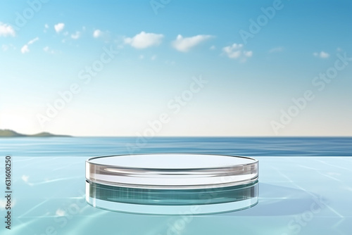 Transparent glass podium on crystal water surface in blue with white clouds sky background. Show case for cosmetic products  new product  promotion sale and presentation. Generative AI