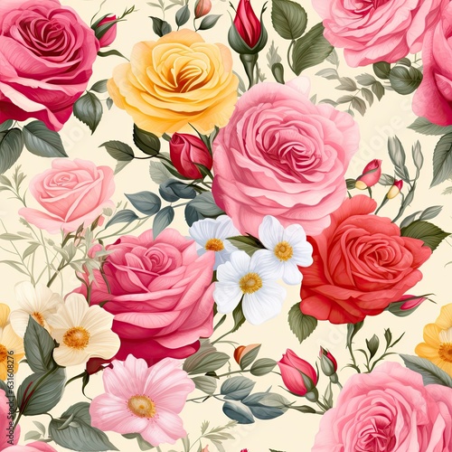 a seamless tileable texture of handpainted watercolor roses scattered in loose bouquet generative AI