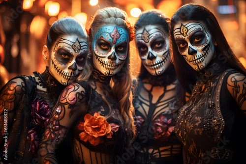 Portrait of beautiful girls in Haloween costumes at carnival party with scary make up ai generated art