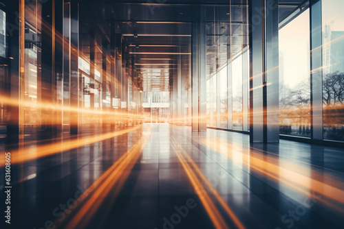 Business  interior concept. Blurred image of business office building interior. Sunlight beams effect. Background with copy space. Generative AI