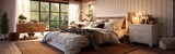 Panoramic image of a country style wooden bedroom in a luxury cottage or hotel. Comfortable large bed, bedside tables, commode, panoramic window. Home decor, cozy interior. 3D rendering.