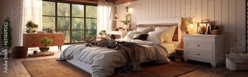 Panoramic image of a country style wooden bedroom in a luxury cottage or hotel. Comfortable large bed, bedside tables, commode, panoramic window. Home decor, cozy interior. 3D rendering. © Georgii