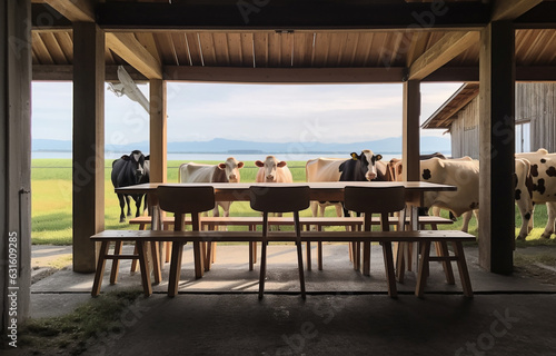 Wood table in the foreground and cows ,barn farm in background made with AI generative technology