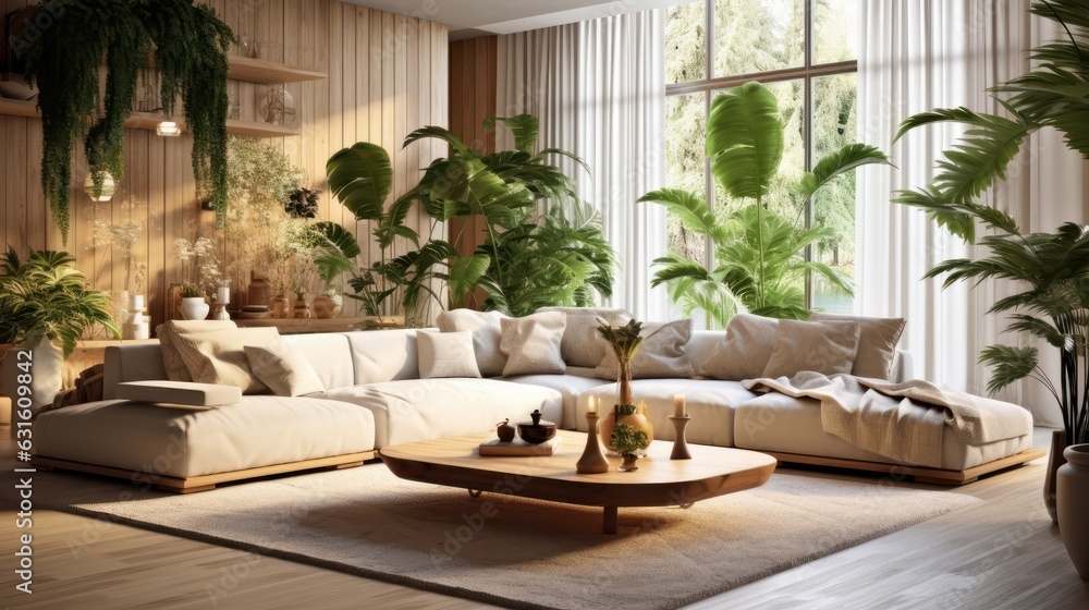 Cozy elegant boho style living room interior in natural colors. Comfortable corner couch with cushions, many houseplants, wooden coffee table, rug on the floor, large window, home decor. 3D rendering.