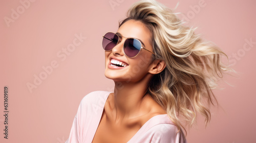 Beautiful girl with glasses on pastel background, cosmetics skin care, holiday and vacation advertisement baner