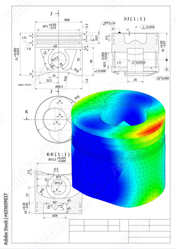 finite element method, FEM, analysis and Engineering Technical Drawing Graphics of a piston from a combustion engine in a car