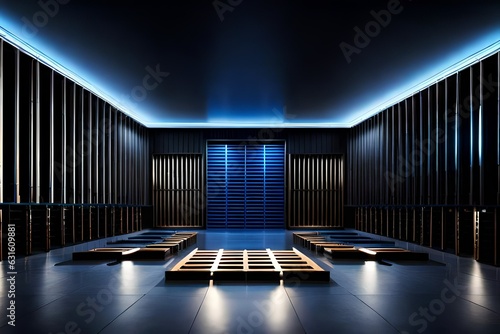 blue corridor with columns