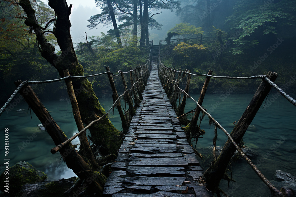 Fototapeta premium wooden bridge over the river made with AI generative technology