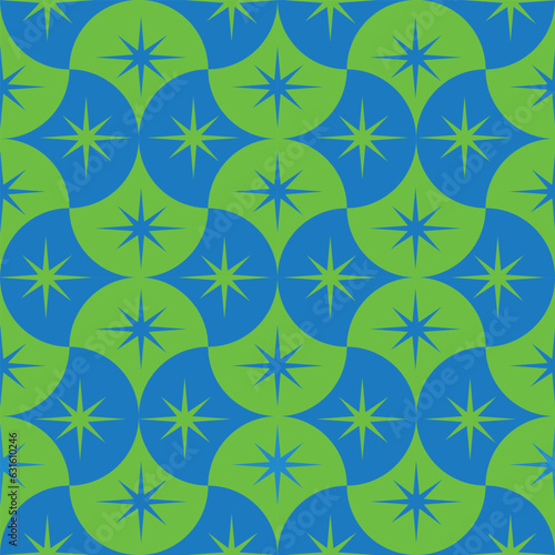 green and blue mid century starbursts on scallop geometric shapes seamless pattern
