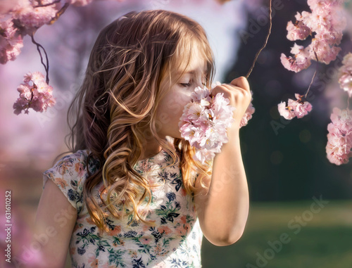 Child, 6 year old girl, smelling a branch of a cherry blossom tree in a park in the Netherlands in spring time. Don't forget to stop and smell the flowers! photo
