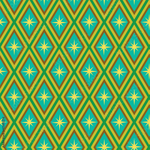 Mid century atomic starbursts on retro geometric diamonds seamless pattern in yellow , green and teal