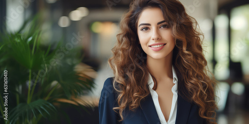 Beautiful business woman in office smiling, defocused background, 