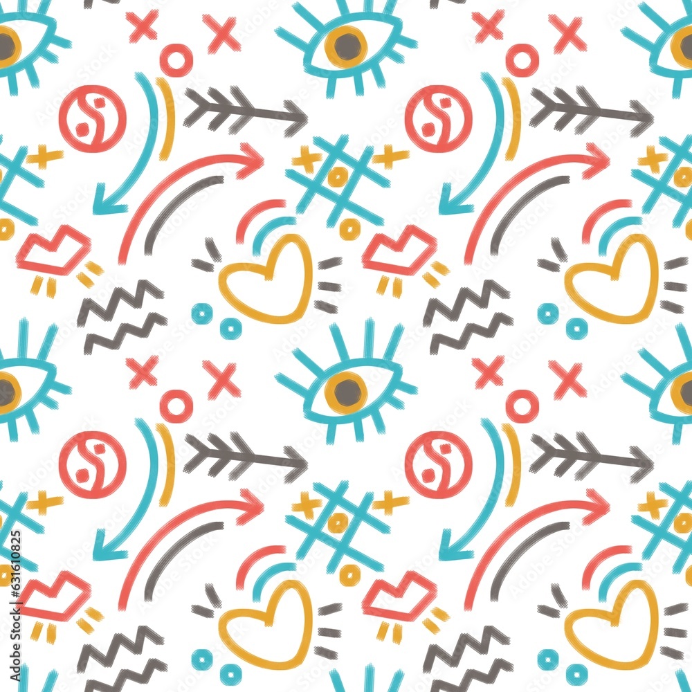 Seamless groovy pattern. Eyes, lines, hearts, dots, tic-toe. Blue, yellow, grey and red colors. Abstract funny background. Design for textile fabrics, wrapping paper, background, wallpaper, cover. Seamless groovy pattern. Eyes, lines, hearts, dots, tic-toe. Blue, yellow, grey and red colors. Abstract funny background. Design for textile fabrics, wrapping paper, background, wallpaper, cover.
