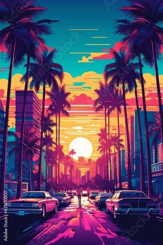 Illustration of Miami beach in a vibrant 1980s retro synthwave style, watercolor masterpiece.	
