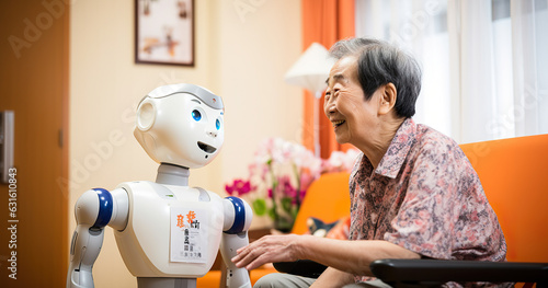Future of geriatric care with robots in retirement home. Happy old people.