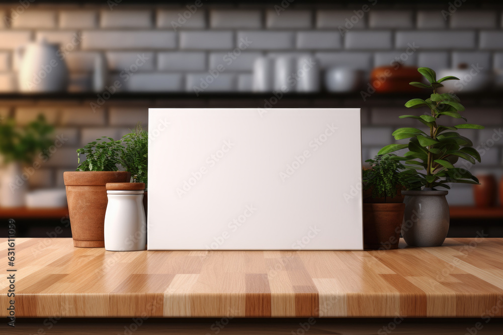 Minimalist and versatile image featuring blank mockup poster placed on top of wooden table in a kitchen.