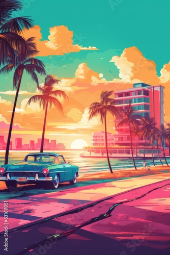 Illustration of Miami beach in a vibrant 1980s retro synthwave style, watercolor masterpiece. 