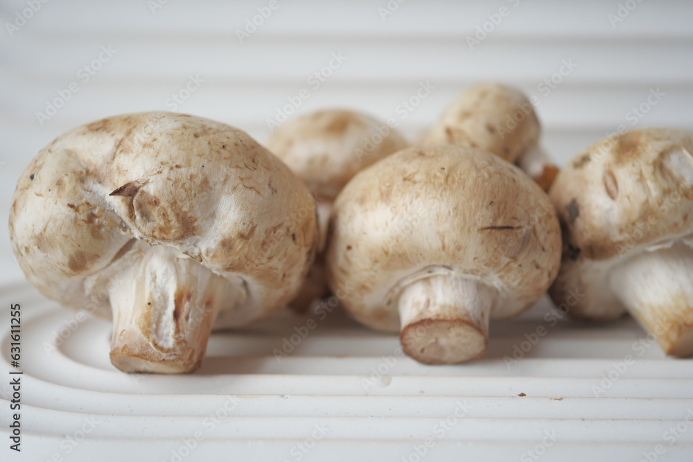 Fresh champignons mushroom in a white bowl on table 