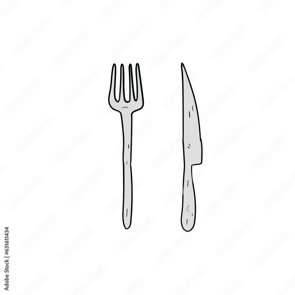 Hand-drawn cartoon metal knife and fork on a white background. Hand-drawn cartoon metal knife and fork on a white background.