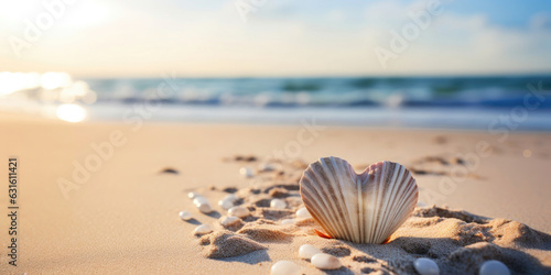 heart shaped sea shell in front of the beach and the sea with copy space