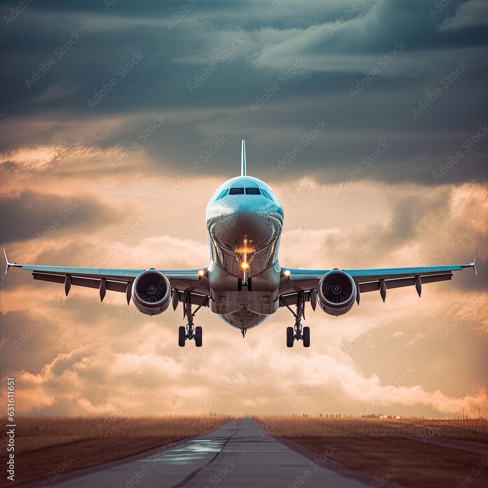 Fototapeta premium passenger airplane taking off against a dramatic sky generative AI
