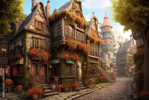 Enchanting European Village: Cobblestone Streets, Colorful Houses, and Cozy Ambience, generative AI © Michael