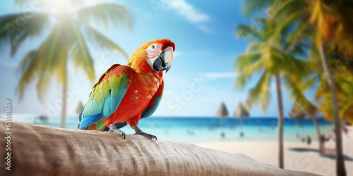 Parrot on a branch with caribbean beach and sea background with copy space
