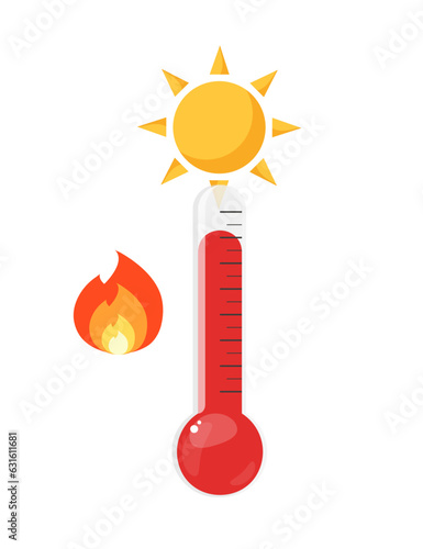 Vector illustration of hot temperature thermometer with sun and fire signs. Vector illustration in a flat style. isolated on white background.