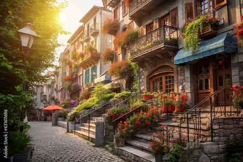 Cobblestone Streets, Quaint Cafes, and Colorful Facades: Exploring a Charming European Village, generative AI © Michael