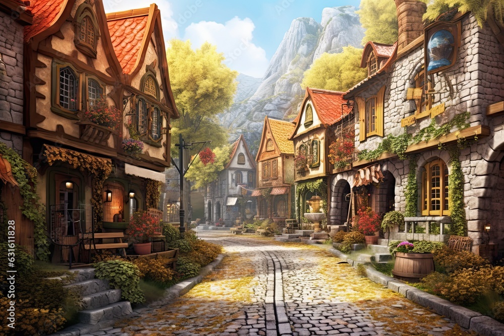 Enchanting European Village: Cobblestone Streets, Colorful Houses, and Cozy Atmosphere, generative AI