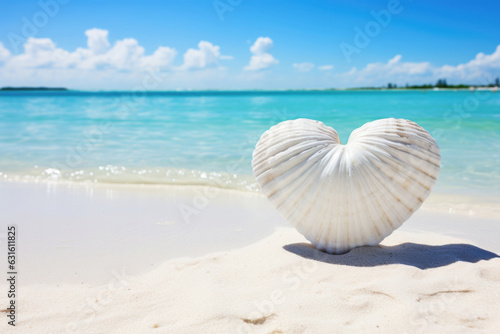 heart shaped sea shell in front of the beach and the sea with copy space