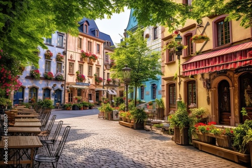 Cobblestone Streets, Colorful Facades, and Quaint Cafes: Exploring a Charming European Village, generative AI © Michael