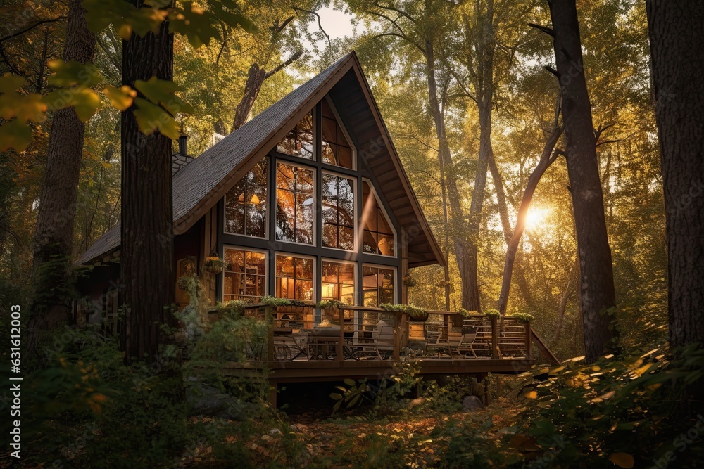 Cozy Cabin Retreat: Serene Natural Setting Among Towering Trees in the Woods, generative AI