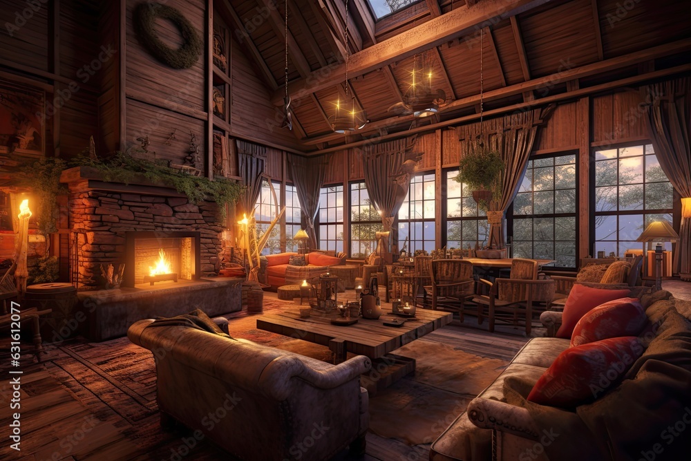 Cozy Cabin Retreat: Rustic Charm with Roaring Fireplace and Comfortable Seating, generative AI Cozy Cabin Retreat: Rustic Charm with Roaring Fireplace and Comfortable Seating, generative AI