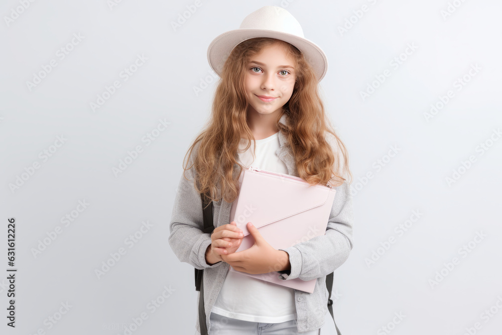 Schoolgirl with backpack and textbooks. Generative AI. Schoolgirl with backpack and textbooks. Generative AI.