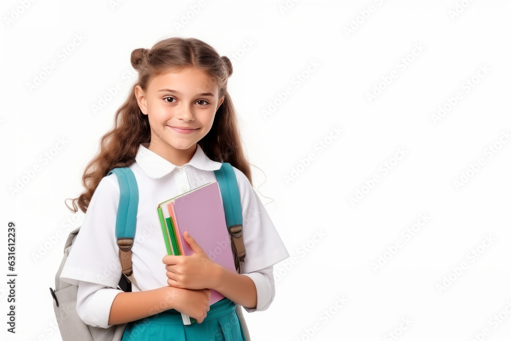 Schoolgirl with backpack and textbooks. Generative AI. Schoolgirl with backpack and textbooks. Generative AI.
