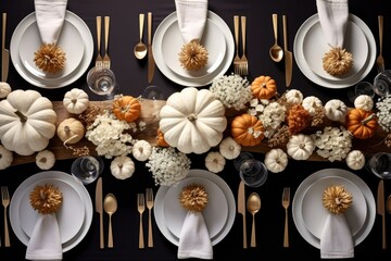 Modern table setting for fall holidays, thanksgiving, halloween, wedding with pumpkins and autumn leaves