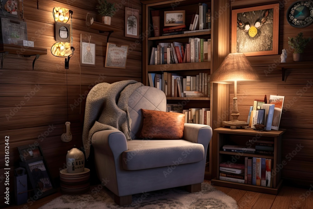 Cozy Reading Corner: Comfy Armchair, Bookshelves Filled with Stories & Soft Lighting, generative AI