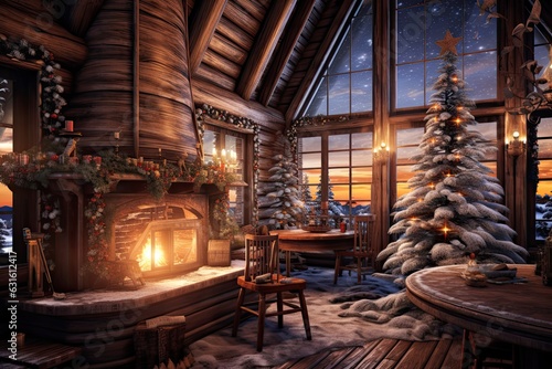 Cozy Winter Wonderland: Log Cabin Retreat with Snow-Covered Trees, Warm Fireplace, and Hot Cocoa, generative AI