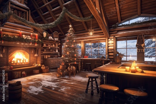 Cozy Winter Wonderland  Snow-Covered Trees  Warm Fireplace  and Hot Cocoa at a Log Cabin  generative AI