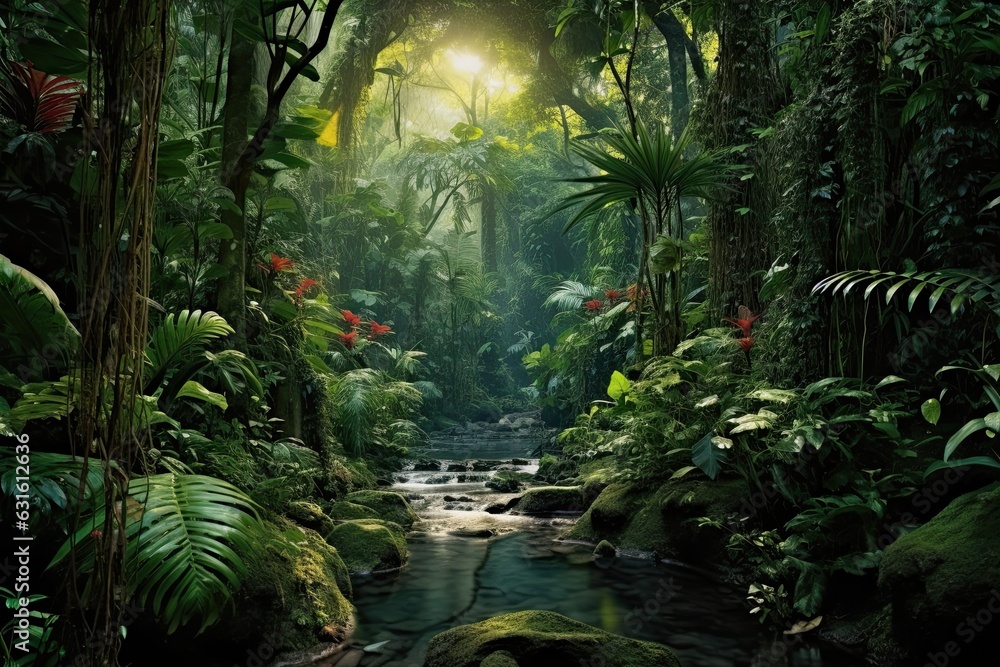 Dense Rainforest: Towering Trees, Exotic Plants, and Echoing Sounds of Wildlife, generative AI