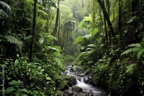 Exotic Rainforest Delight: Immersed in Lush Vegetation, Cascades, and Birdsong, generative AI