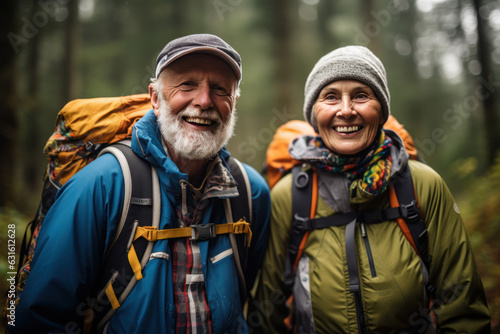 Older Couple in Colorful Hiking Attire Embarks on Nature Expedition