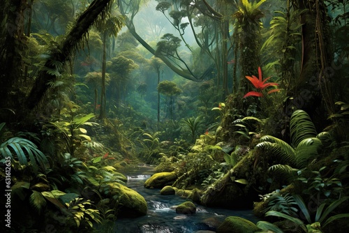 Enchanting Rainforest  Towering Trees  Exotic Plants  and the Echoing Sounds of Wildlife  generative AI