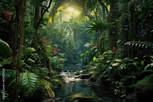 Dense Rainforest  Towering Trees  Exotic Plants  and Echoing Sounds of Wildlife  generative AI