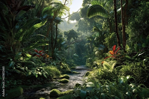 Exotic Wildlife and Lush Vegetation: Explore the Enchanting Rainforest with Towering Trees, generative AI