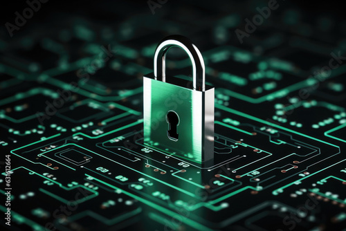 cyber Security padlock on green data cpu background